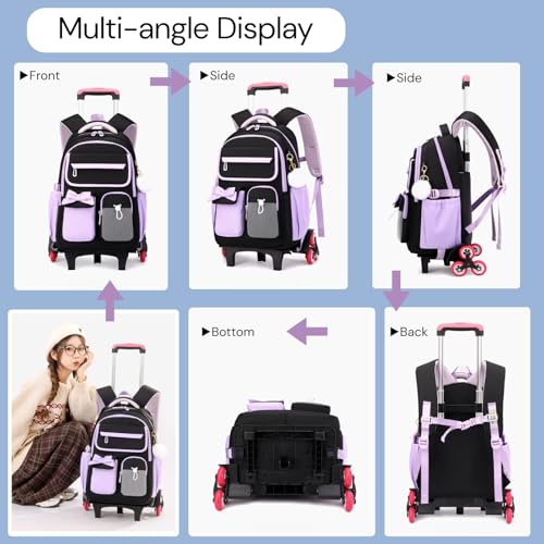Rolling Backpack for Girls Kids Trolley Rolling School Bag Wheeled Backpack for Elementary School Roller Bookbags on 6 Wheels, Black Blue - color: 6 Wheels Black-blue, style: 6 Wheels