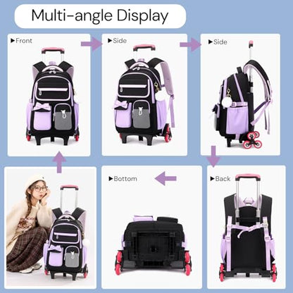 Rolling Backpack for Girls Kids Trolley Rolling School Bag Wheeled Backpack for Elementary School Roller Bookbags on 6 Wheels, Black Blue - color: 6 Wheels Black-blue, style: 6 Wheels