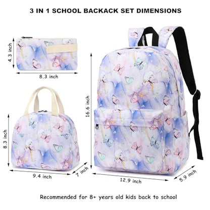 Fuyicat School Backpack Set for Girls, 3-in-1 Kids Teens Elementary Middle School Bags Bookbag with Lunch Bag Pencil Case - color: Marble Butterfly Purple