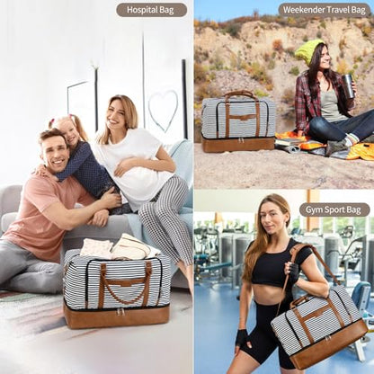 Weekender Bag, Large Travel Duffel Bag for Women, Carry on Overnight Bag with Shoe Compartment and Toiletry Bags - color: B-Blue-White