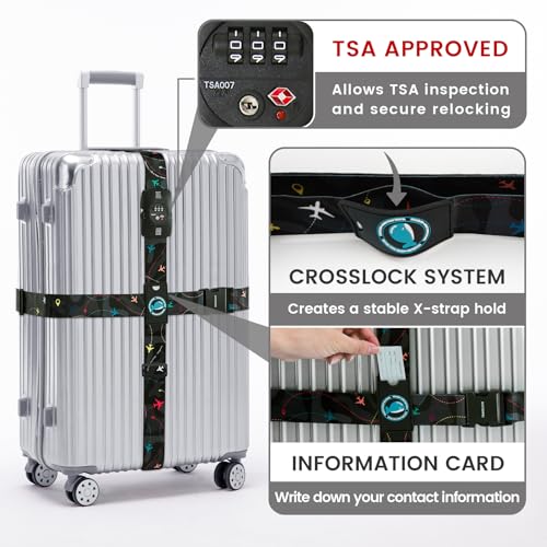 Travelkin Luggage Straps TSA Approved, Suitcase Straps with TSA Lock - color: Air Line Black