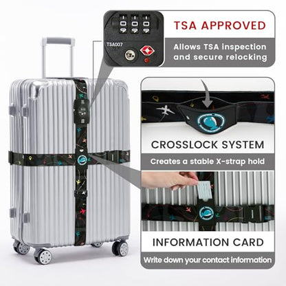 Travelkin Luggage Straps TSA Approved, Suitcase Straps with TSA Lock - color: Air Line Black