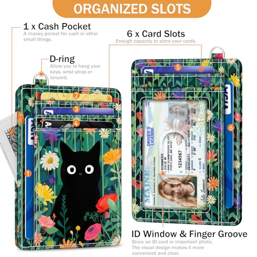 Yonlevres Cat Credit Card Holder Slim RFID Wallet Women Small Travel Cute - color: Cat Flower Green
