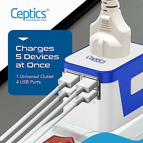 Ceptics Travel Adapter Worldwide - Universal Input, 4 USB Ports (Max 17.5W) - color: White