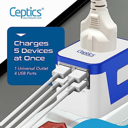 Ceptics Travel Adapter Worldwide - Universal Input, 4 USB Ports (Max 17.5W) - color: White