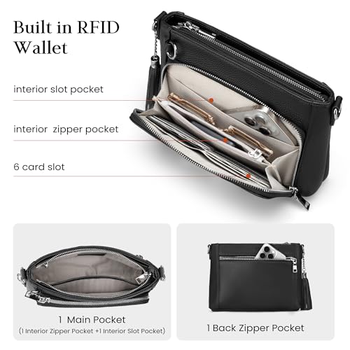 befen Anti Theft Genuine Leather Crossbody Bags for Women Built in Wallet - color: Deep Black