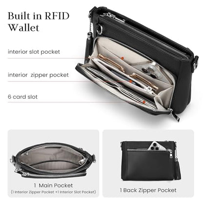 befen Anti Theft Genuine Leather Crossbody Bags for Women Built in Wallet - color: Deep Black