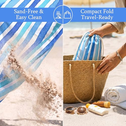 Blue Striped Beach Blanket, Large 79" x 83" Sandproof Waterproof Beach Mat - color: Blue Striped