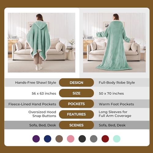 Wearable Heated Shawl Blanket with Hood & Pockets, 56"x63", Light Green - color: Light Green, size: 56"x63"