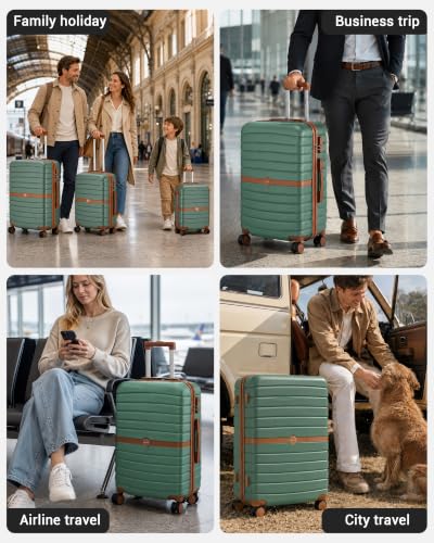 Kono Expandable 3 Piece Luggage Sets with Spinner Wheels, Green/Brown - color: Green/Brown, size: 3 Piece Set (20/24/28)