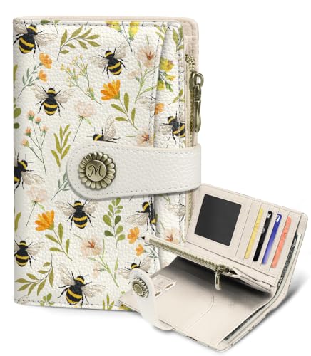 Bees Wallet Women RFID Bifold, Passport Holder, Credit Card Holder - color: Bees Flowers
