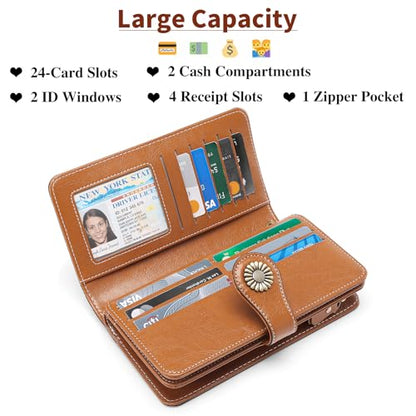 SENDEFN Wallets for Women Leather Credit Card Holder with RFID Blocking Large Capacity Wristlet - color: 1-Wax-Brown-1