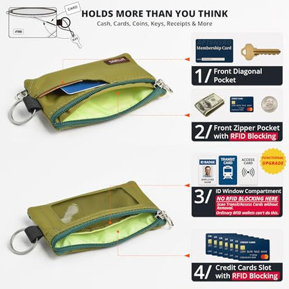 RFID Blocking Travel Wallet with Adjustable Lanyard, Small Nylon Zipper Pouch and Badge Holder for ID, Credit Cards, Cash, Keys, Commuters (Olive Green) - color: Olive Green