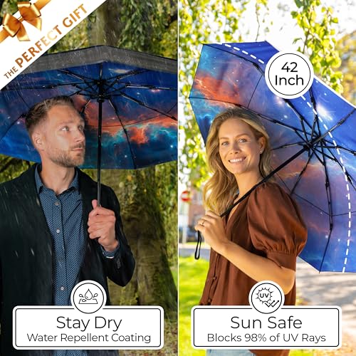 TUMELLA Strongest Windproof Travel Umbrella (Compact, 100MPH Wind-Tested), Light, Portable, One-Handed Use, Automatic Folding Rain Umbrella, Durable, Premium Grip, Fits Car & Backpack - color: 1-pack Nebula