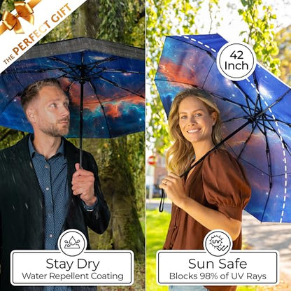 TUMELLA Strongest Windproof Travel Umbrella (Compact, 100MPH Wind-Tested), Light, Portable, One-Handed Use, Automatic Folding Rain Umbrella, Durable, Premium Grip, Fits Car & Backpack - color: 1-pack Nebula