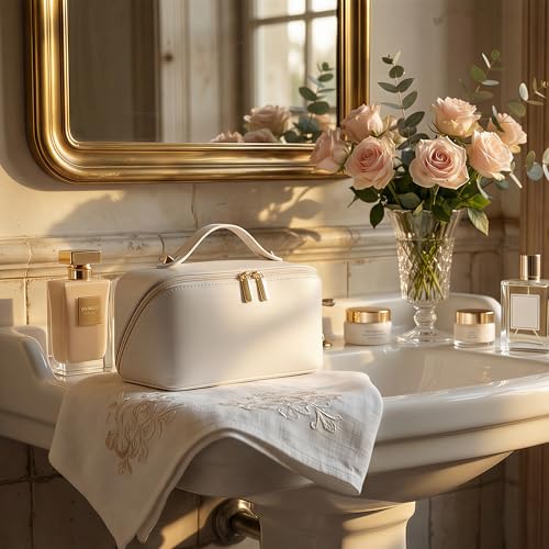 ALEXTINA Travel Makeup Bag, PU Leather Cosmetic Bag, White - color: smooth white, size: Medium
