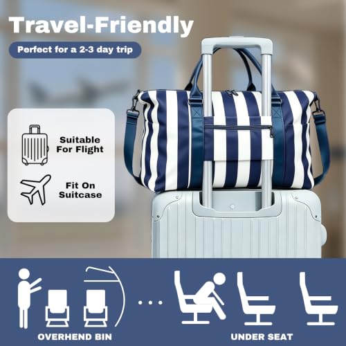Travel Duffle Bag for Women, Carry On Weekender Tote with Trolley Sleeve - color: Navy Blue White