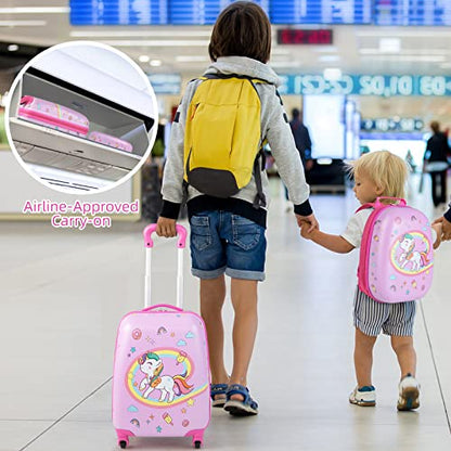 GYMAX Kids Carry On Luggage Set, 12" & 16" 2PCS Rolling Suitcase - color: Unicorn
