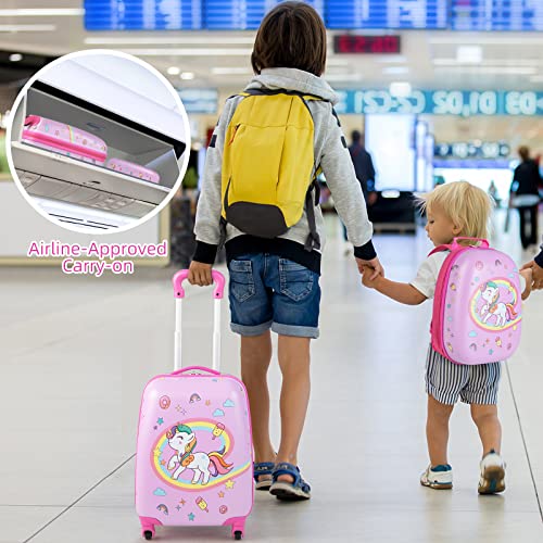GYMAX Kids Carry On Luggage Set, 12" & 16" 2PCS Rolling Suitcase - color: Unicorn