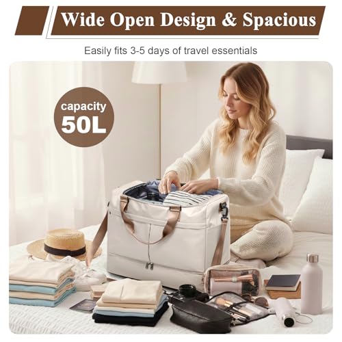Travel Duffel Bag with Shoe Compartment,Overnight Weekender Bags for Women - color: Beige & Brown with Toiletry Bag