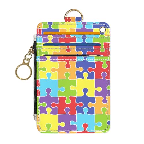 Slim Wallet Credit Card Holder, Jigsaw Puzzle, RFID Wallet Women Cute Small Front Pocket Wallet With Zipper, PU Leather Thin travel RFID Blocking Card Case ID Window,Ladies Gifts - color: Jigsaw Puzzle