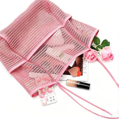 Large Beach Bags for Women, Mesh Beach Tote with Zipper, Foldable Pool Tote Bag Travel Beachbag Waterproof Sandproof - color: Pink - More Pockets
