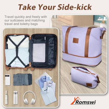 Romswi Expandable 22x14x9 Airline Approved 21" Carry On Luggage Set,Hardside 3PCS Carry On Suitcase Set ABS+PC Suitcase with Duffel Bags, Dual Spinner Wheels TSA Lock Purple - color: Purple
