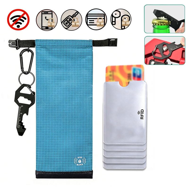 RFID Blocking Phone Pouch,5 RFID Card Sleeves &1 Tool Card Carabiner, Blue | Made of lightweight nylon, it blocks GPS signals to prevent tracking and data theft for privacy protection. - color: Blue