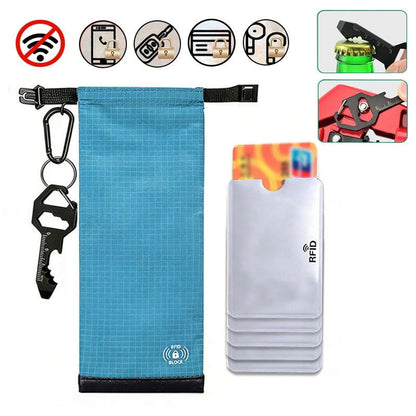 RFID Blocking Phone Pouch,5 RFID Card Sleeves &1 Tool Card Carabiner, Blue | Made of lightweight nylon, it blocks GPS signals to prevent tracking and data theft for privacy protection. - color: Blue