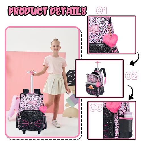 Meetbelify Rolling Backpack for Girls Backpack with Wheels for Elementary Student Kids School Bag with Lunch Box Pencil Case for Girls Ages 6-8 Years Old Purple - color: Rose