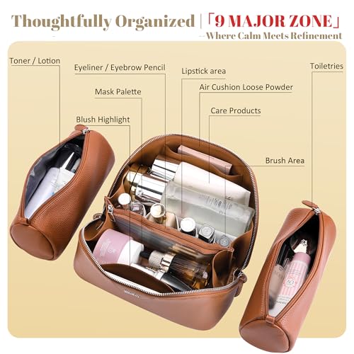 BOYATU Genuine Leather Travel Makeup Bag: Hand-made 3 Pcs Set Cosmetic Bags - color: 01Brown