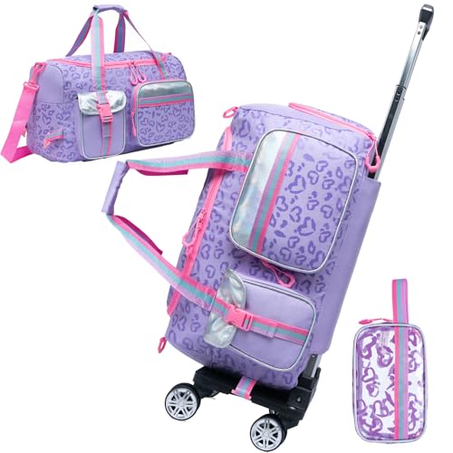 Girls Rolling Duffel Bag with Wheels - Travel Bag for Kids, Overnight, Dance & Gym Use with Shoe Compartment - color: Purple Love