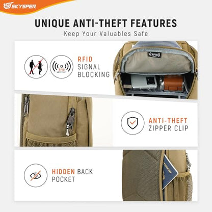 SKYSPER Sling Bag RFID Cross Body Bag Recycled Crossbody Backpack Travel Daypack - color: Camel
