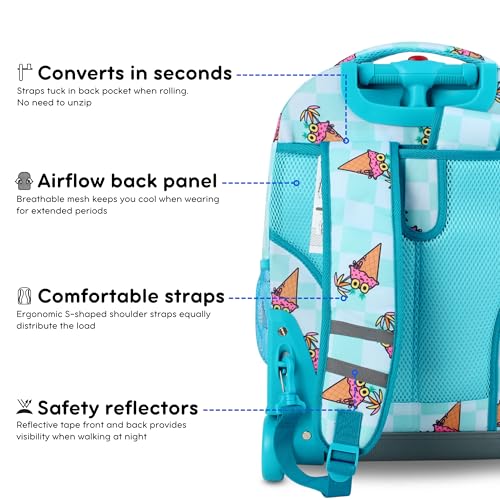 J World Sunrise Kids Rolling Backpack with Wheels for Girls Boys, Roller Bookbag for School, 18 x 13 x 9 Inches, Ice Cone - color: Ice Cone