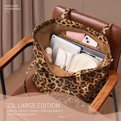 KALIDI Large Tote Bag Vegan Leather 16L Casual Zipper Work Weekender - color: Leopard a
