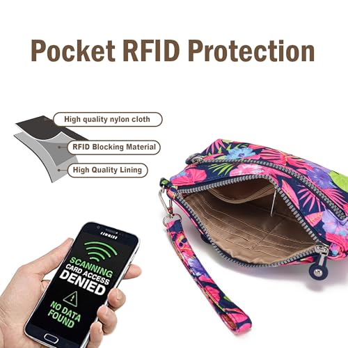 Small Wristlet Wallets for Women Nylon RFID Cross body bag - color: Leafy Purple