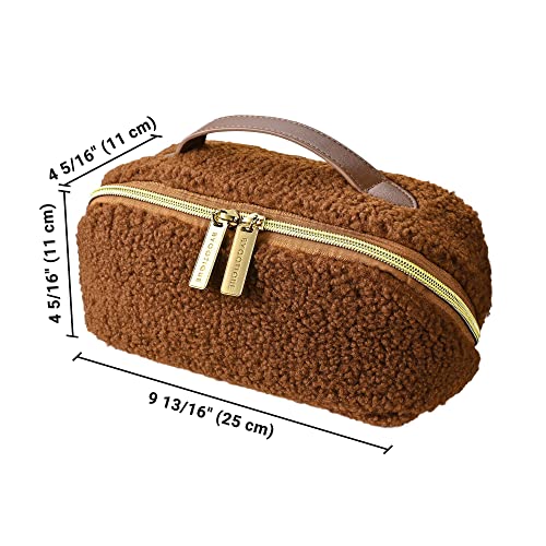 BYOOTIQUE Plush Makeup Bag Open Flat Travel Toiletry Accessories w/Handle - color: Brown, size: S