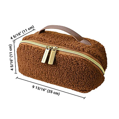 BYOOTIQUE Plush Makeup Bag Open Flat Travel Toiletry Accessories w/Handle - color: Brown, size: S