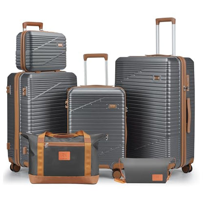 NEISIA 6 Piece Hardside Luggage Set, PC+ABS Suitcase with Spinner Wheels & TSA Lock, Gray - color: Grey, size: 6-Piece Set (14/20/24/28/DB/TB)
