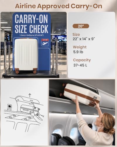 Kono Carry On Luggage 22x14x9 Airline Approved 20 Inch Expandable, Cream - color: Cream White, size: 20"
