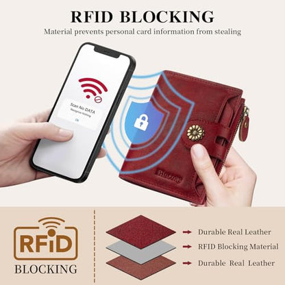 Wallet Women,RFID Blocking Real Leather Womens Wallet Bifold Compact Card Holder Small Wallet for Women with Removable ID Window Red - color: a6-red