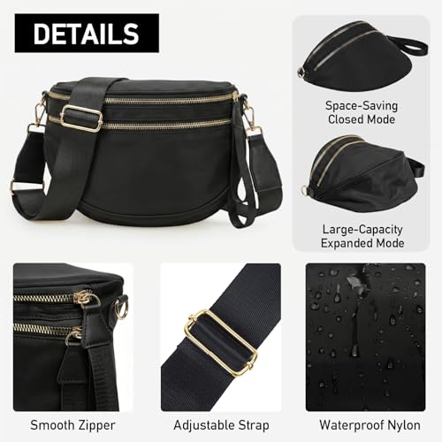 WITERY Checkered Crossbody Bag for Women Nylon Bum Bag with Wide Adjustable Strap Fanny Pack Checkerboard Shoulder Handbag - color: Black 2