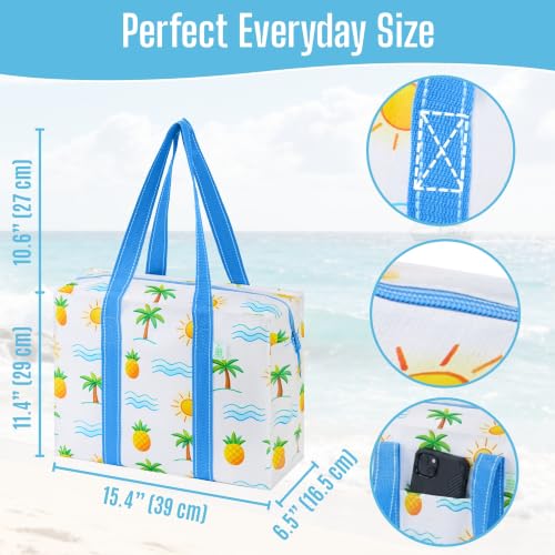 VENO 2 Pack Utility Tote Reusable Grocery Bags with Zipper & Hard Bottom - color: Tropical Island, size: 2 Pack