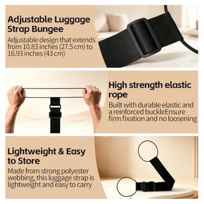 Luggage Straps for Suitcases, 2 Pack Adjustable Luggage Connector Straps, Elastic Add a Bag Strap for Carry On Luggage, Secure Travel Bungee Strap, Travel Accessories, Black