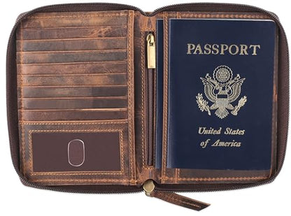 Passport Wallet - Travel Document Holder w/RFID Blocking – Full Grain Leather – Bifold compact zip around Wallet with Credit Card Slots for Women and Men,distressed brown,500-30 - color: distressed brown, style: Solid