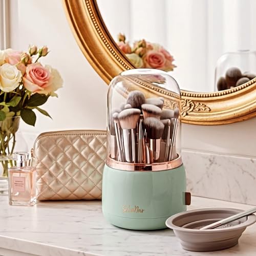Rotating Makeup Brush Holder with Lid Dustproof Vanity Organizer for Makeup Brushes, Bonus Foldable Makeup Brush Cleaner Bowl Included (Seafoam Green) - color: Seafoam Green