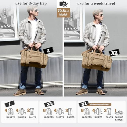Gonex Canvas Duffle Bag, Expandable 60L Travel Overnight Weekender Bag - color: Coffee, size: X-Large-60L (Without Shoe Compartment)