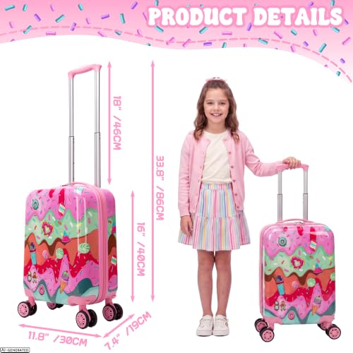 Kids 4 Piece Luggage Set 16" Hard Shell Suitcase Cute Ice Cream Pattern, Rolling Wheels Travel Gift for Girls - color: Pink Ice Cream