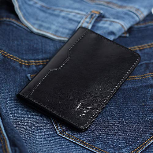 FOXHACKLE Full Grain Leather Credit Card Holder for Men and Women, Slim Bifold RFID Blocking Wallet, Thin Front Pocket Minimalist Wallet, Small Card Case. - color: Black