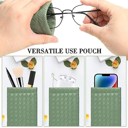 Squeeze Top Sunglass Pouch - Portable Sunglass Organizer Pouch Bags Soft PU Leather Glasses 2 Pack - color: Matcha Green-light Beige